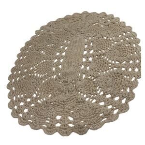 VINTAGE Boho Crochet Oval Lace Doily Table Topper 21x17 Handmade Cream Home